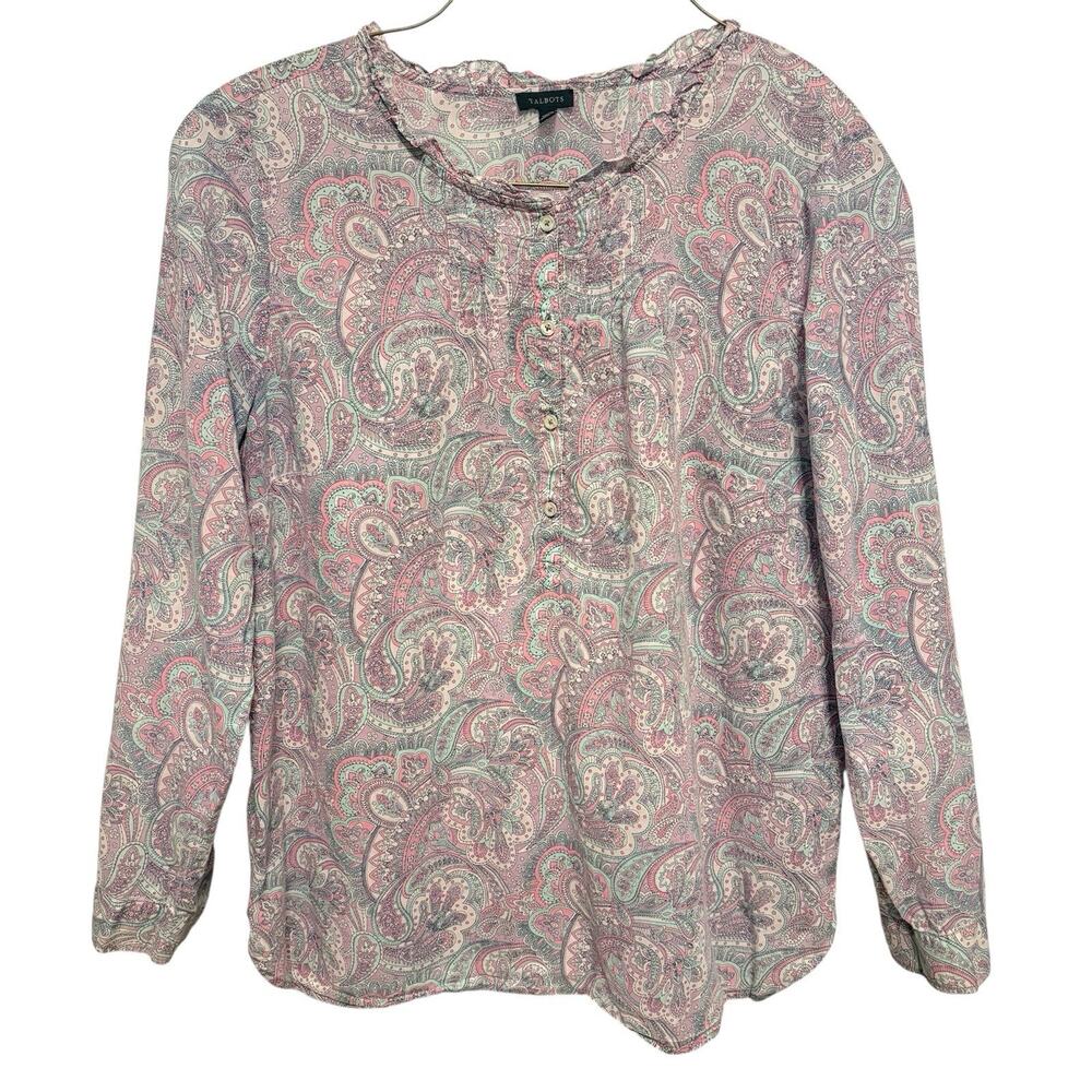 Talbots Womens Pink Purple Paisley Cotton Ruffle Neck Blouse Top XL Popover Boho